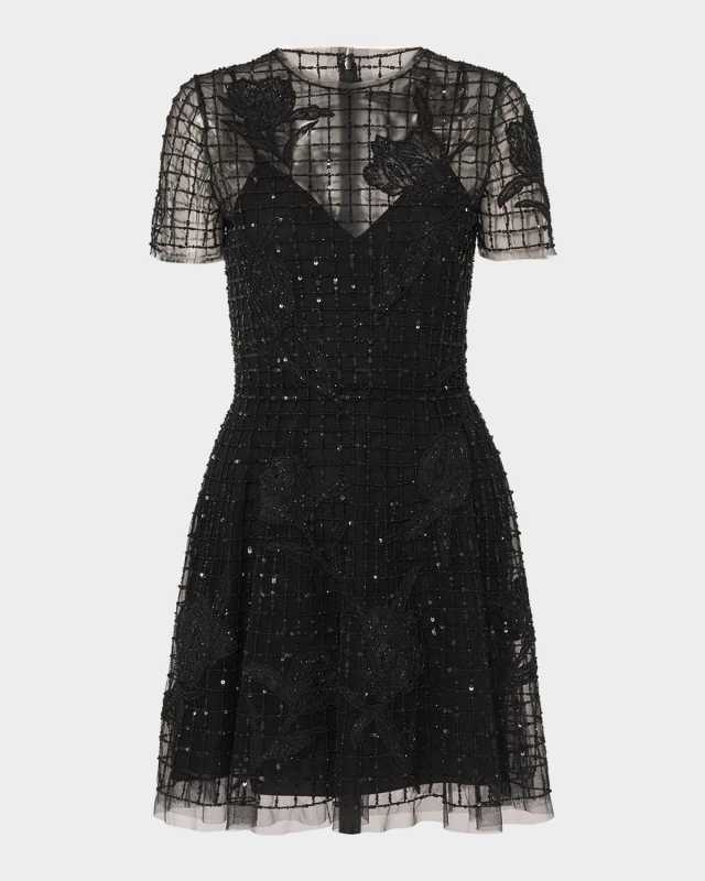 Embellished Tulle Short-Sleeve Mini Dress